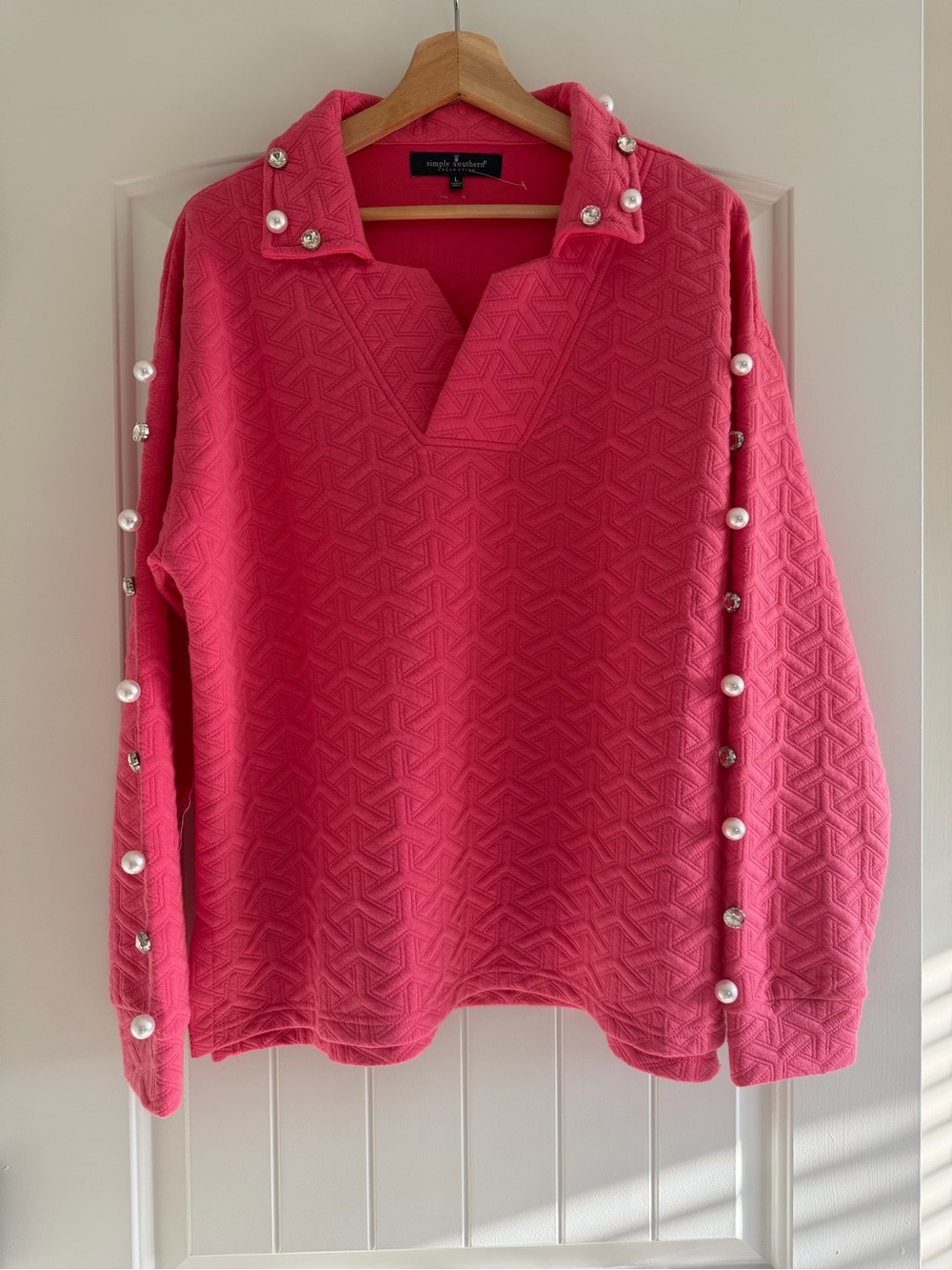 Simply Southern Hot Pink Quilted Knit Pullover w/ Pearl & Rhinestone Accents L - Picture 2 of 11